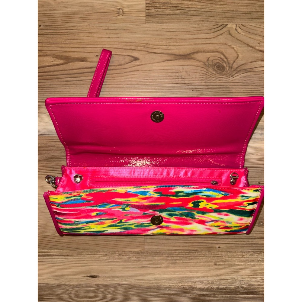 Pink Abstract Print Wristlet Clutch Bag Multicolor Satin Lined Magnetic Snap